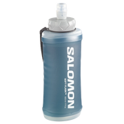 A Salomon Soft Flare 16 oz folding water bottle in slate blue with a white cap and black strap, shown on a light gray background.