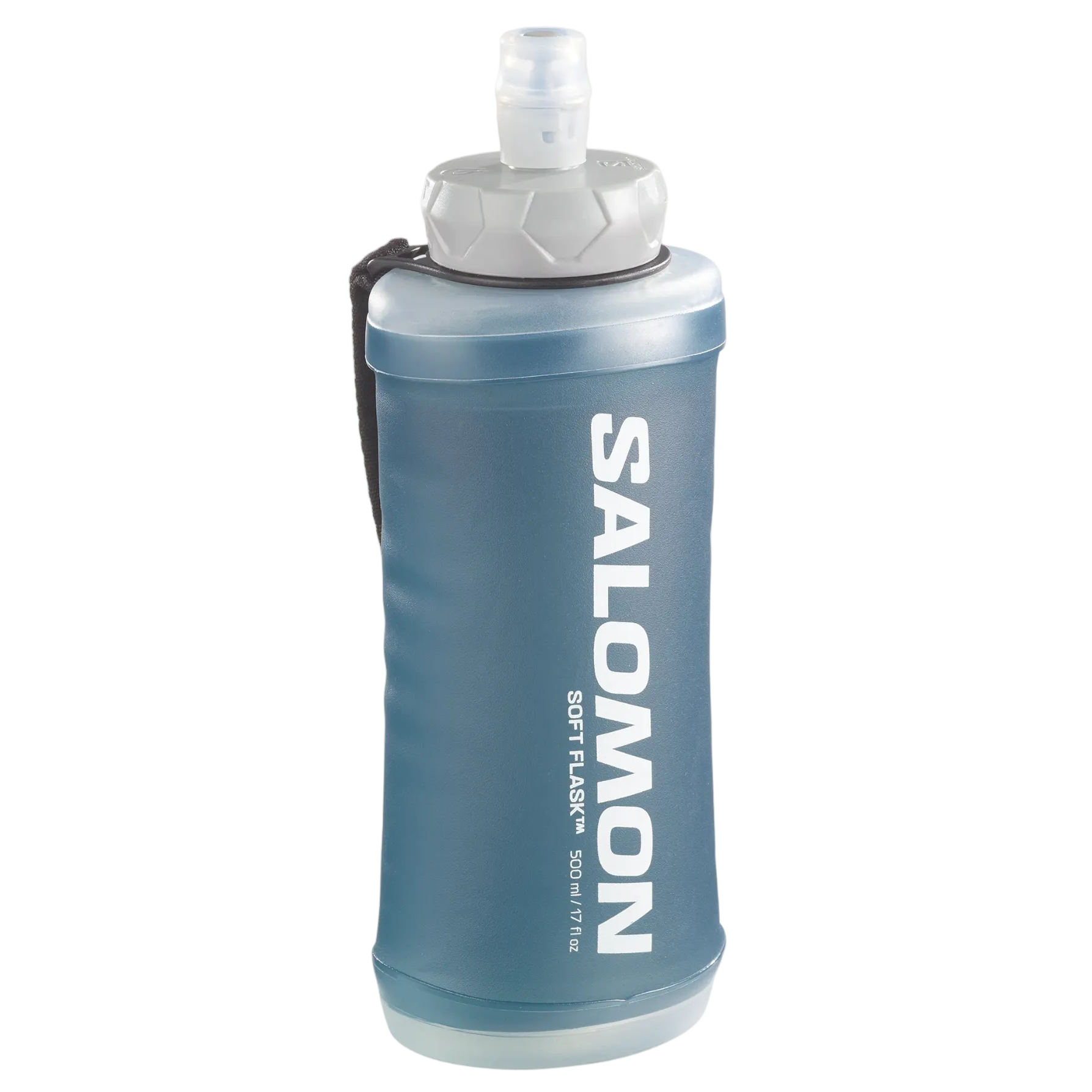 A Salomon Soft Flare 16 oz folding water bottle in slate blue with a white cap and black strap, shown on a light gray background.