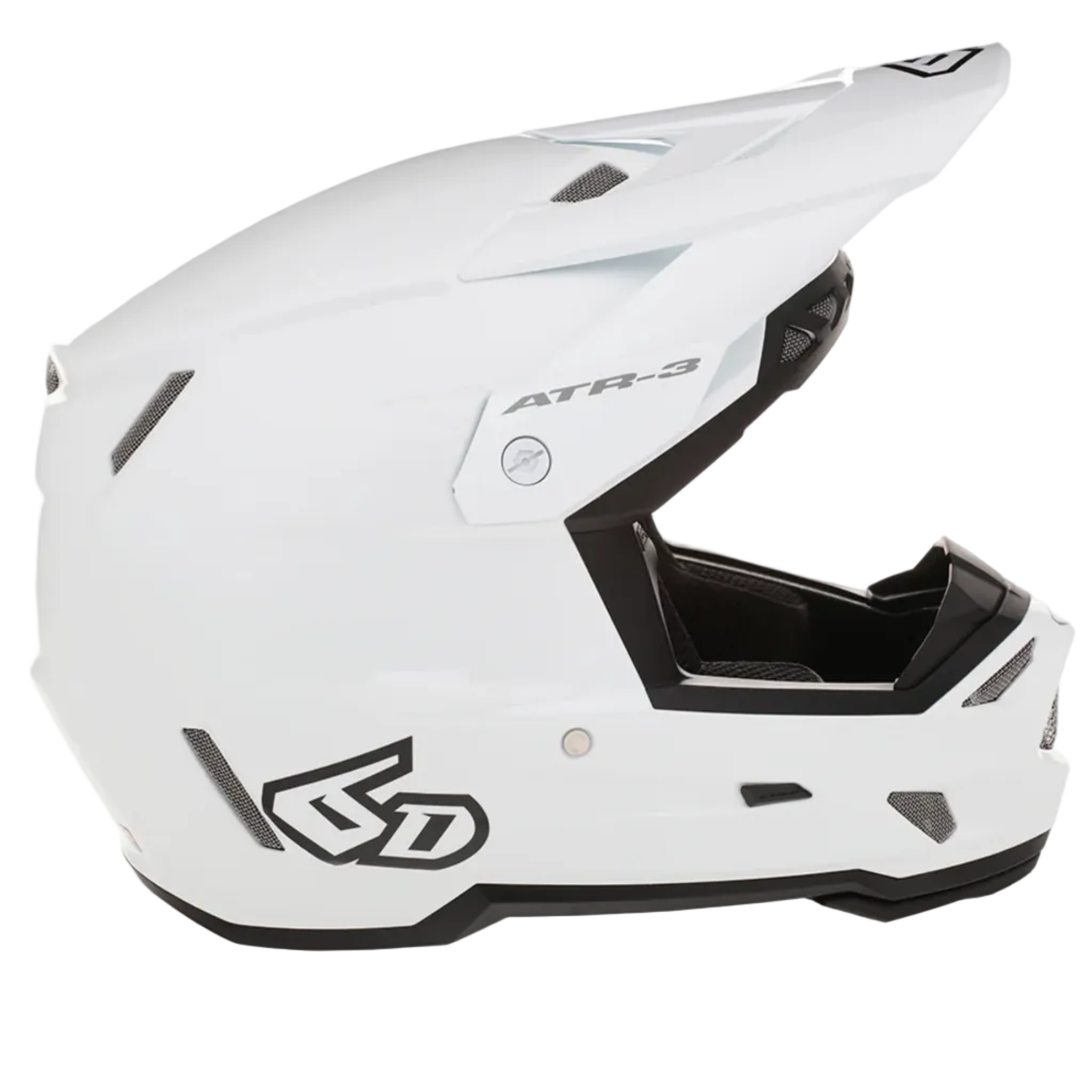 A white full-face motocross helmet with black accents, including the visor trim, chin bar, and graphics, shown from a side profile on a white background.