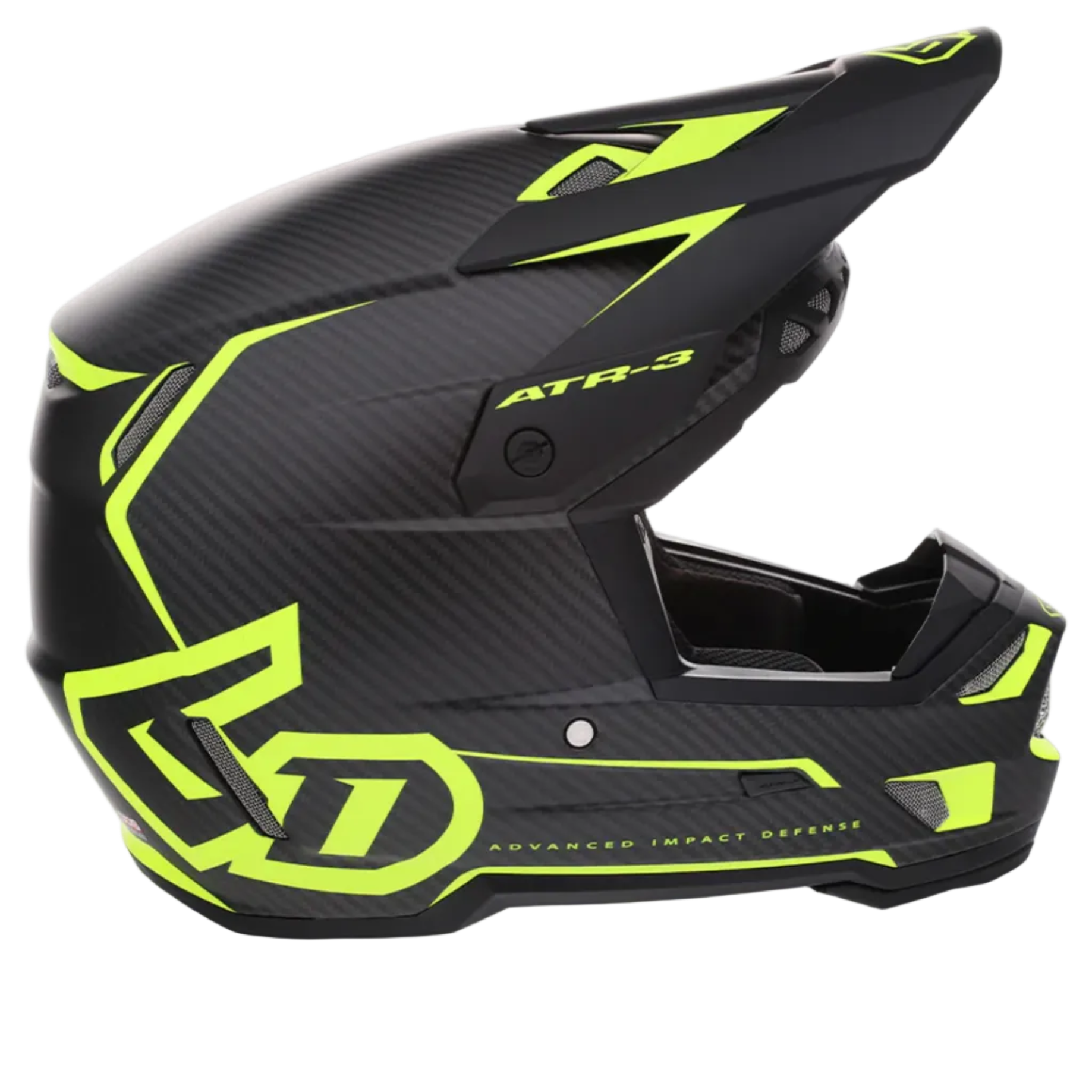 A black full-face motocross helmet with a carbon fiber pattern and bright neon yellow-green graphic accents, shown from a side profile on a white background.