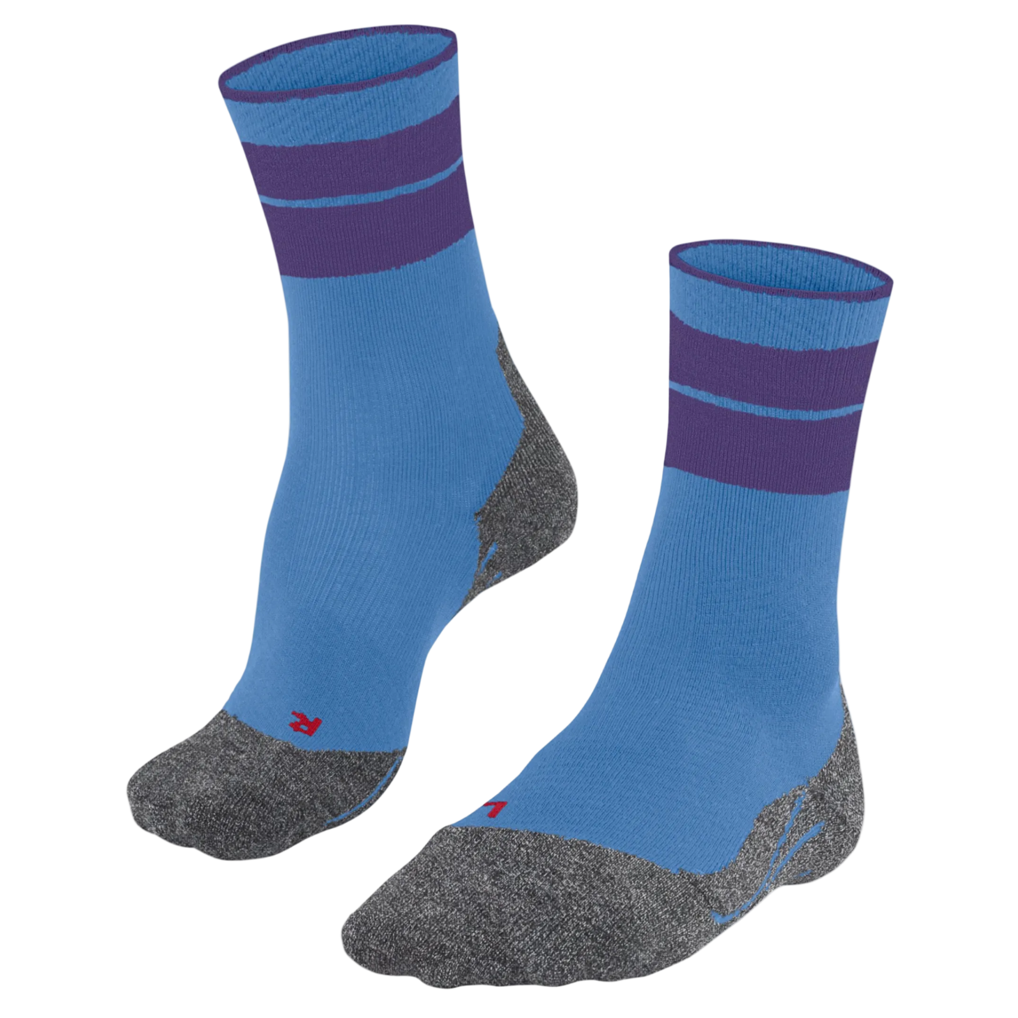 A pair of athletic crew socks in light blue with dark purple stripes near the cuff and heather gray heels, toes, and soles, shown on a plain white background.
