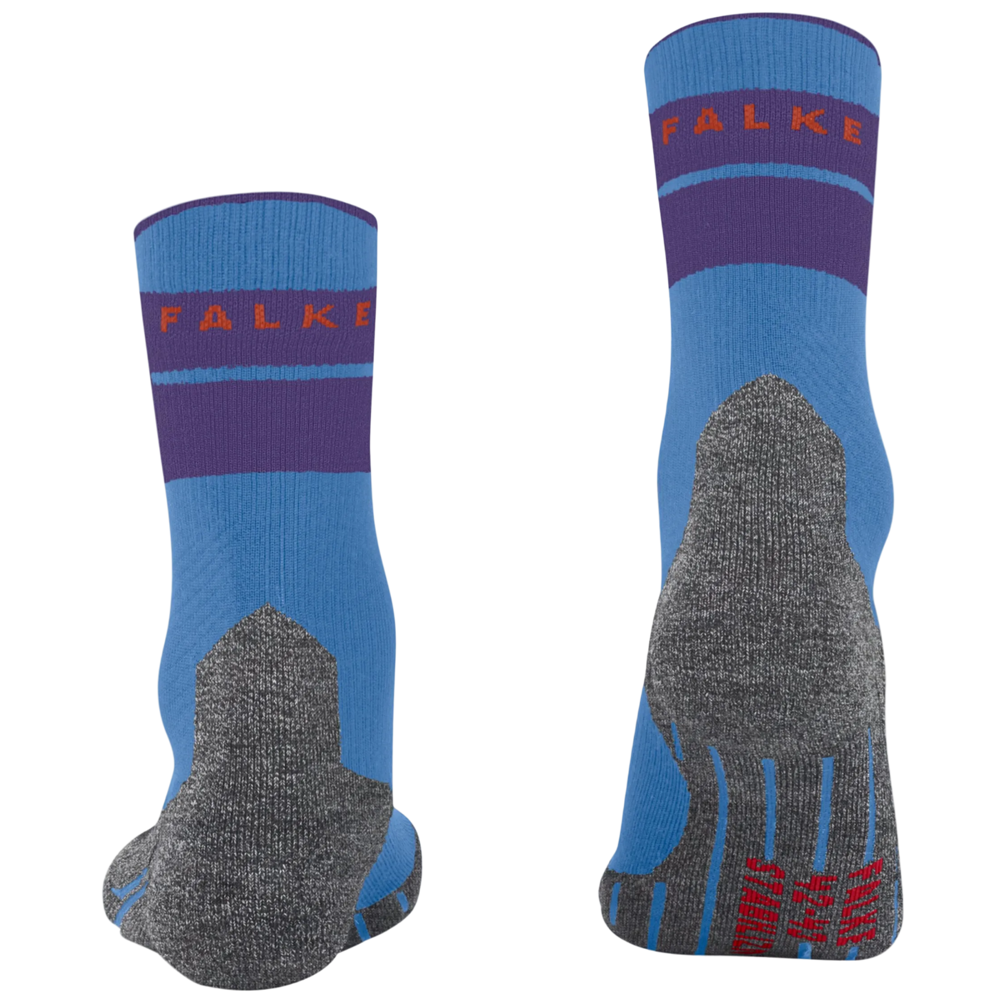A pair of Falke crew socks shown from the front and back on a plain white background. The socks feature a light blue base with a dark purple band, a gray knit heel and toe area, and red brand lettering.