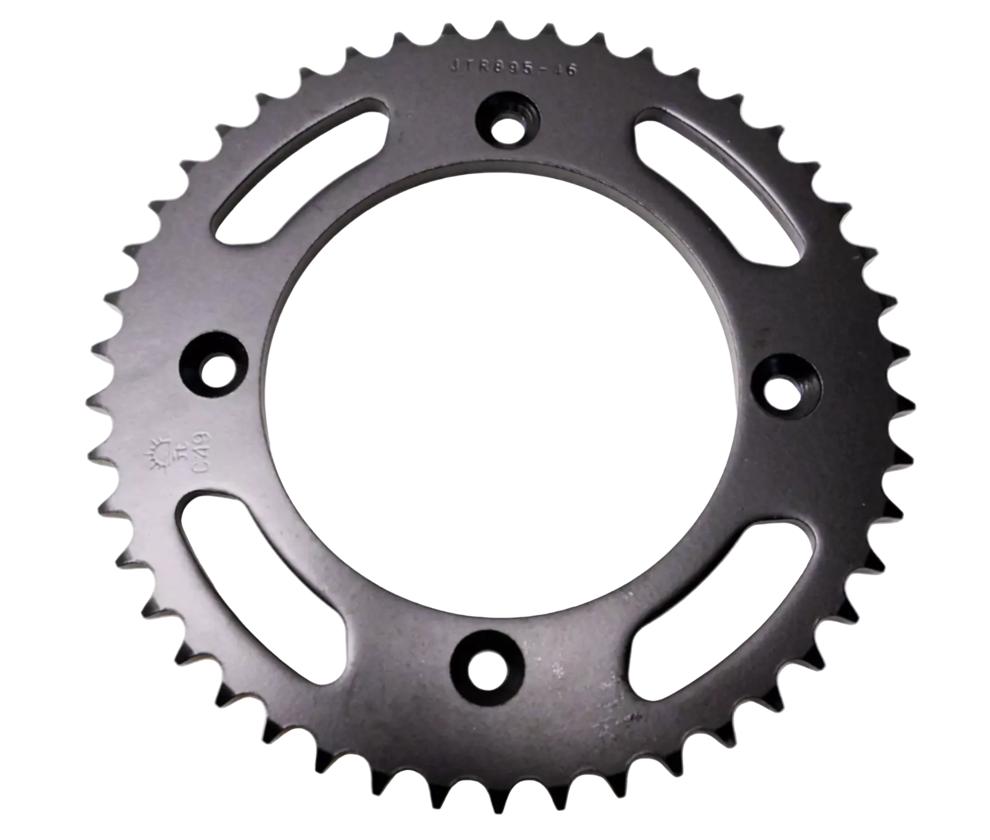 A black metal motorcycle or bicycle rear sprocket gear with five cutout slots and four mounting holes, shown on a plain white background.