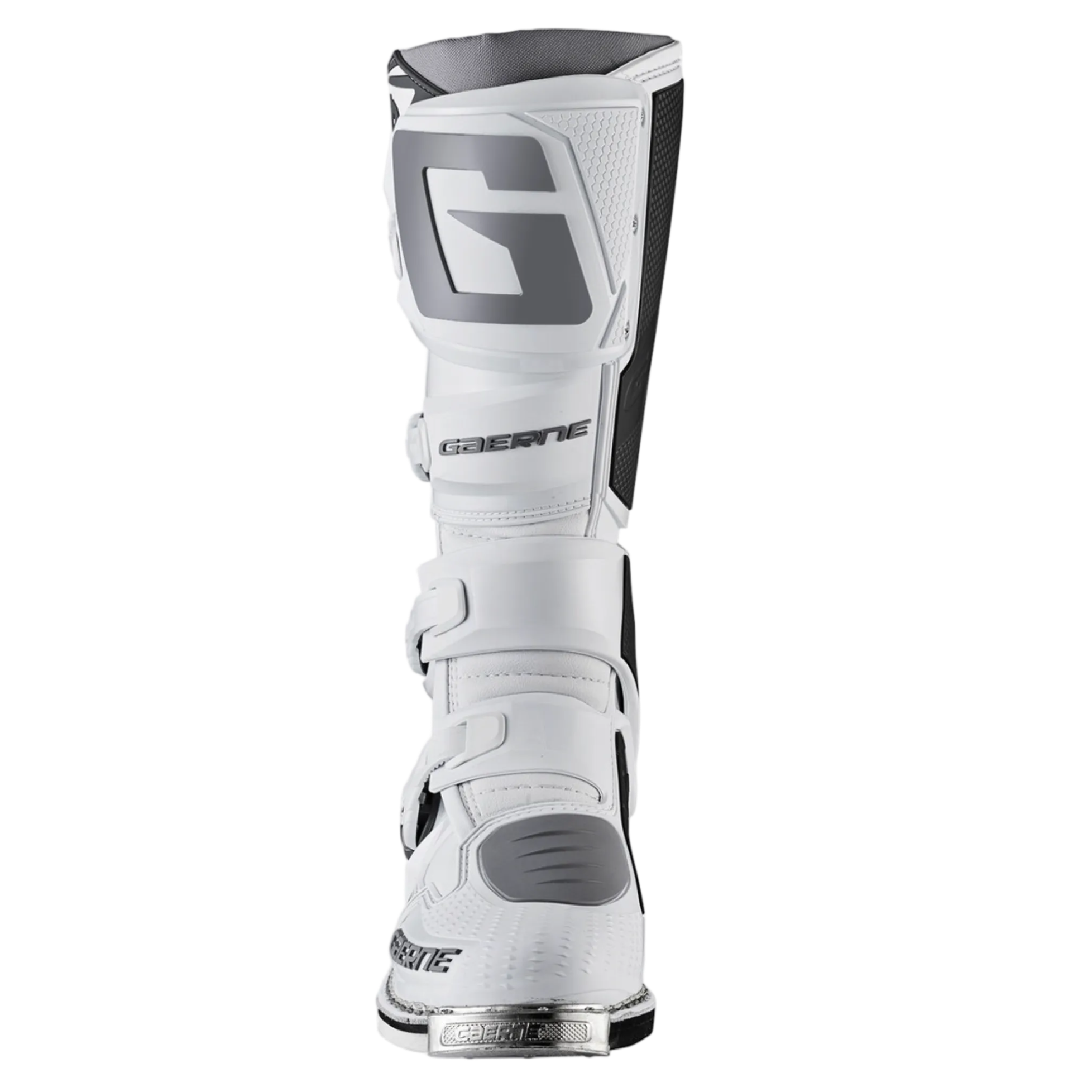 A single white Gaerne motocross boot shown from the rear on a plain white background.