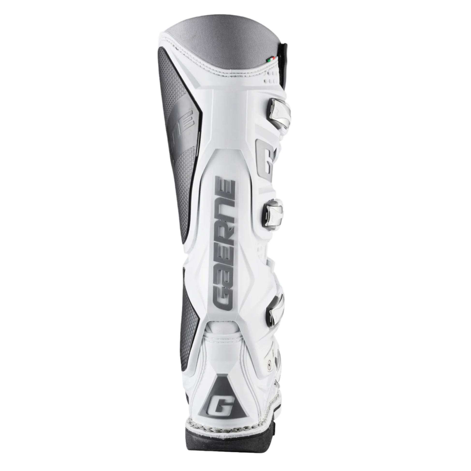 White and black motocross boot with 'Geerne' branding on a white background