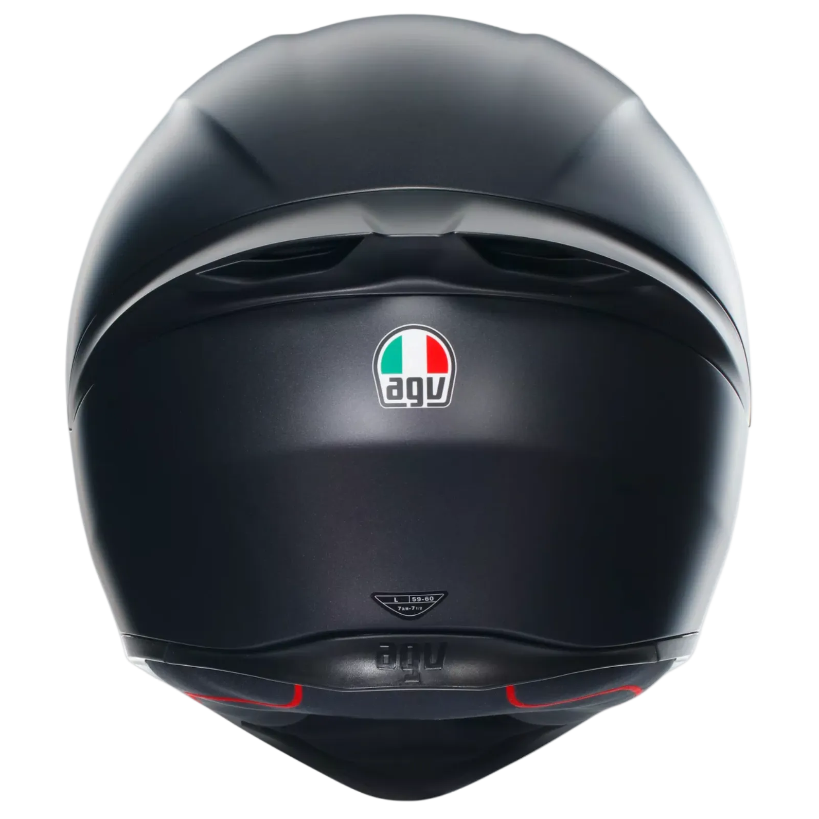 A matte black AGV motorcycle helmet shown from the rear three-quarter view against a light gray background.