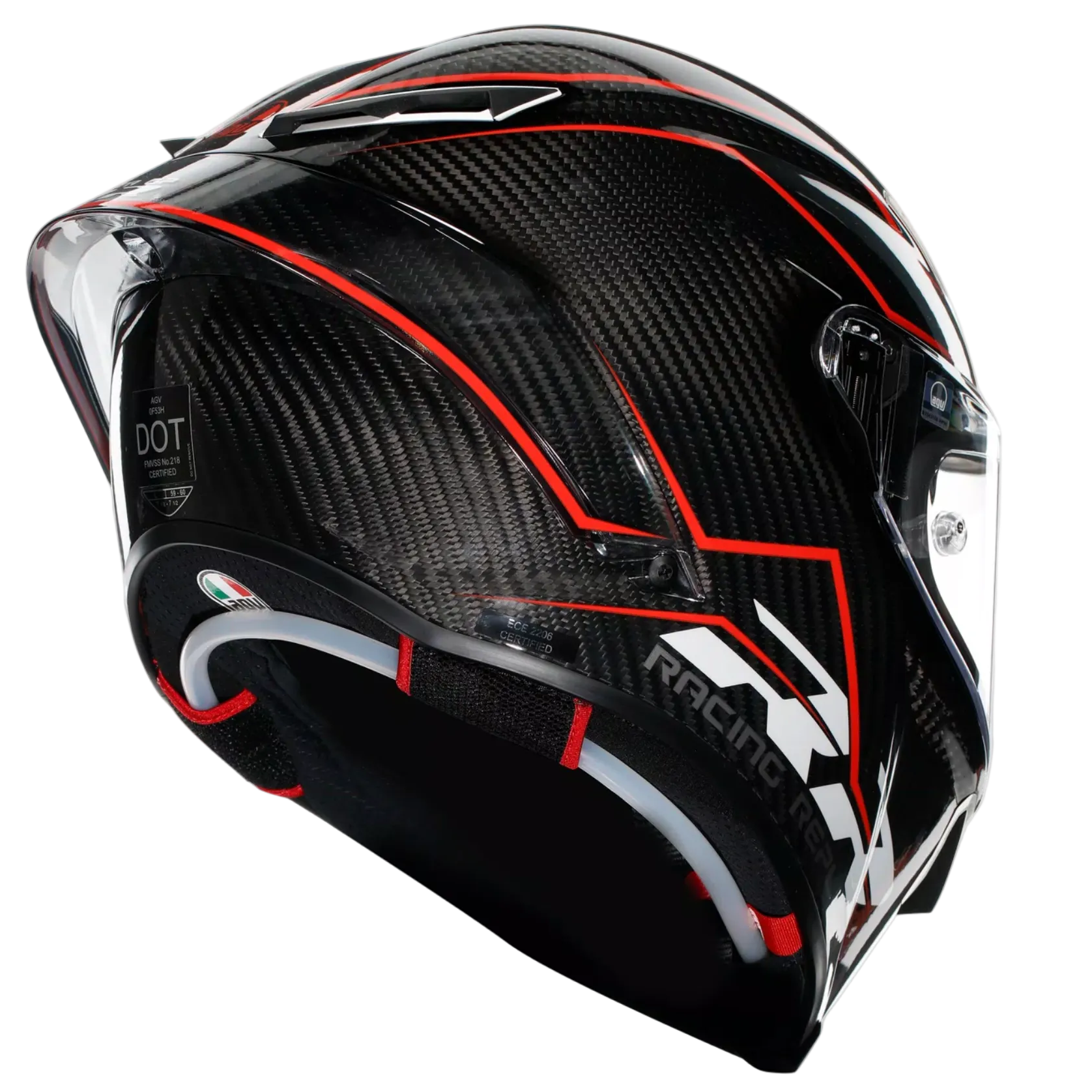 A full-face motorcycle helmet featuring a black carbon fiber pattern with red accent lines and white graphic details, shown from a three-quarters angle against a light gray background.