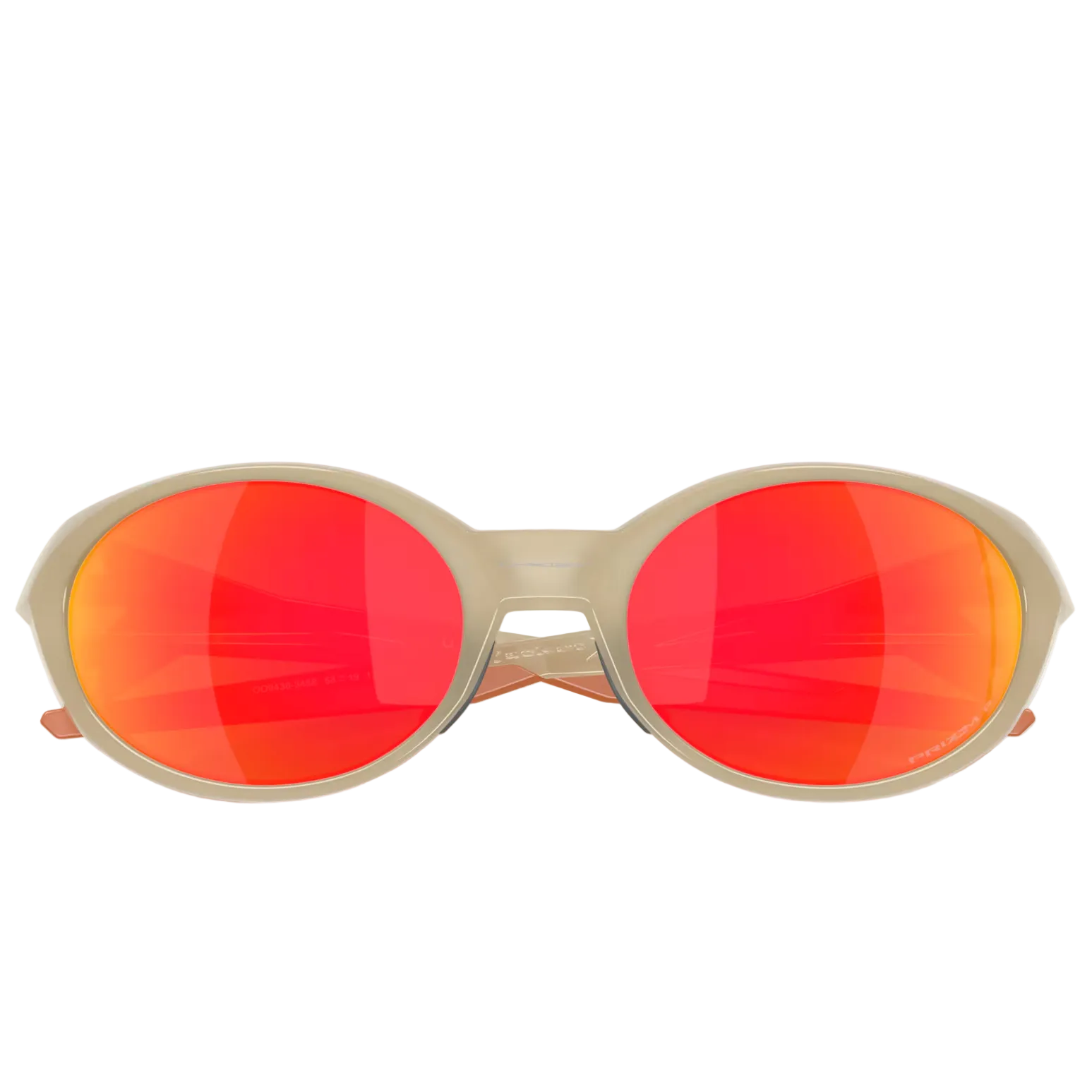 Oval sunglasses with a light beige frame and vibrant red-orange mirrored lenses, shown on a clean white background.