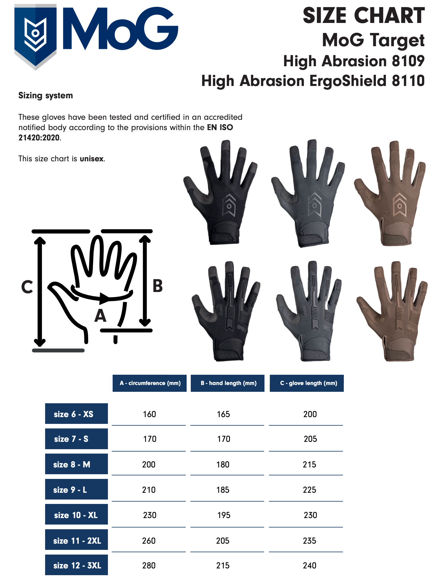 MoG size chart graphic showing glove measurements with a hand diagram, six glove color options, and a size table for sizes XS through 3XL.