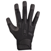 Black tactical glove with text on a white background