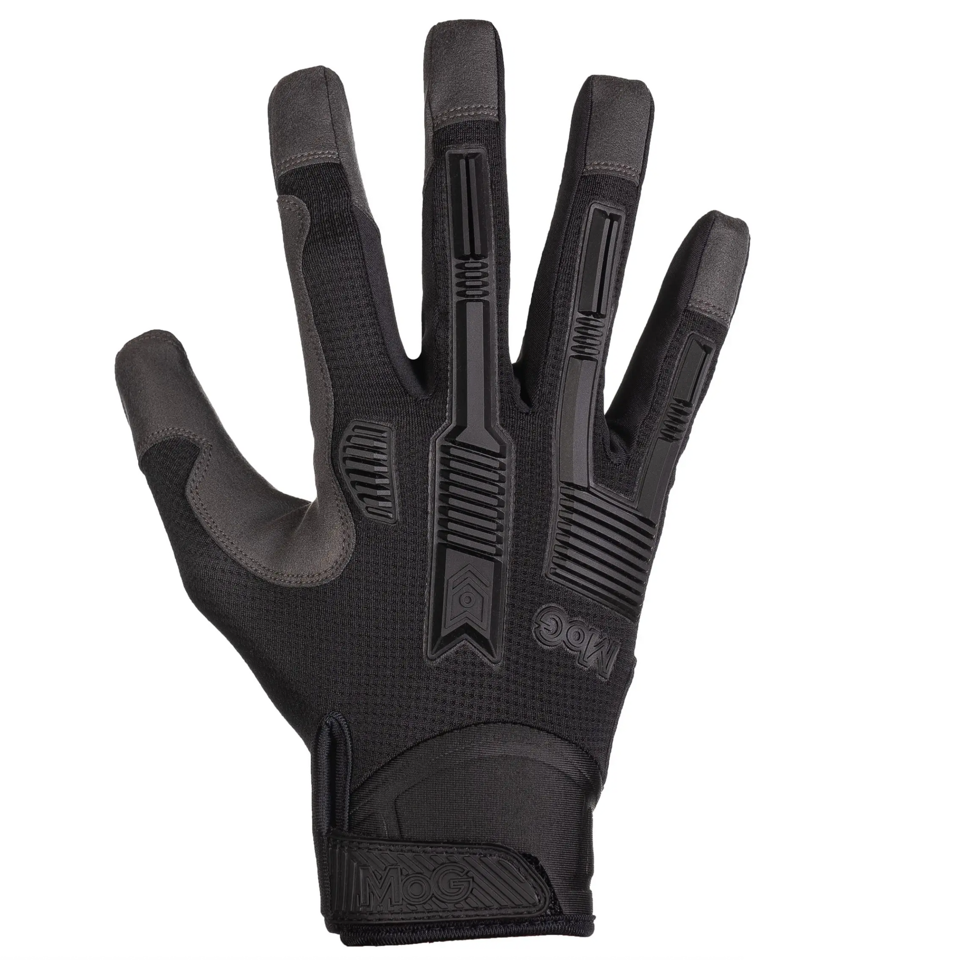Black tactical glove with text on a white background