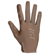 A single tan tactical glove with textured grip panels on the fingers and a silver geometric logo on the back of the hand, shown against a plain white background.