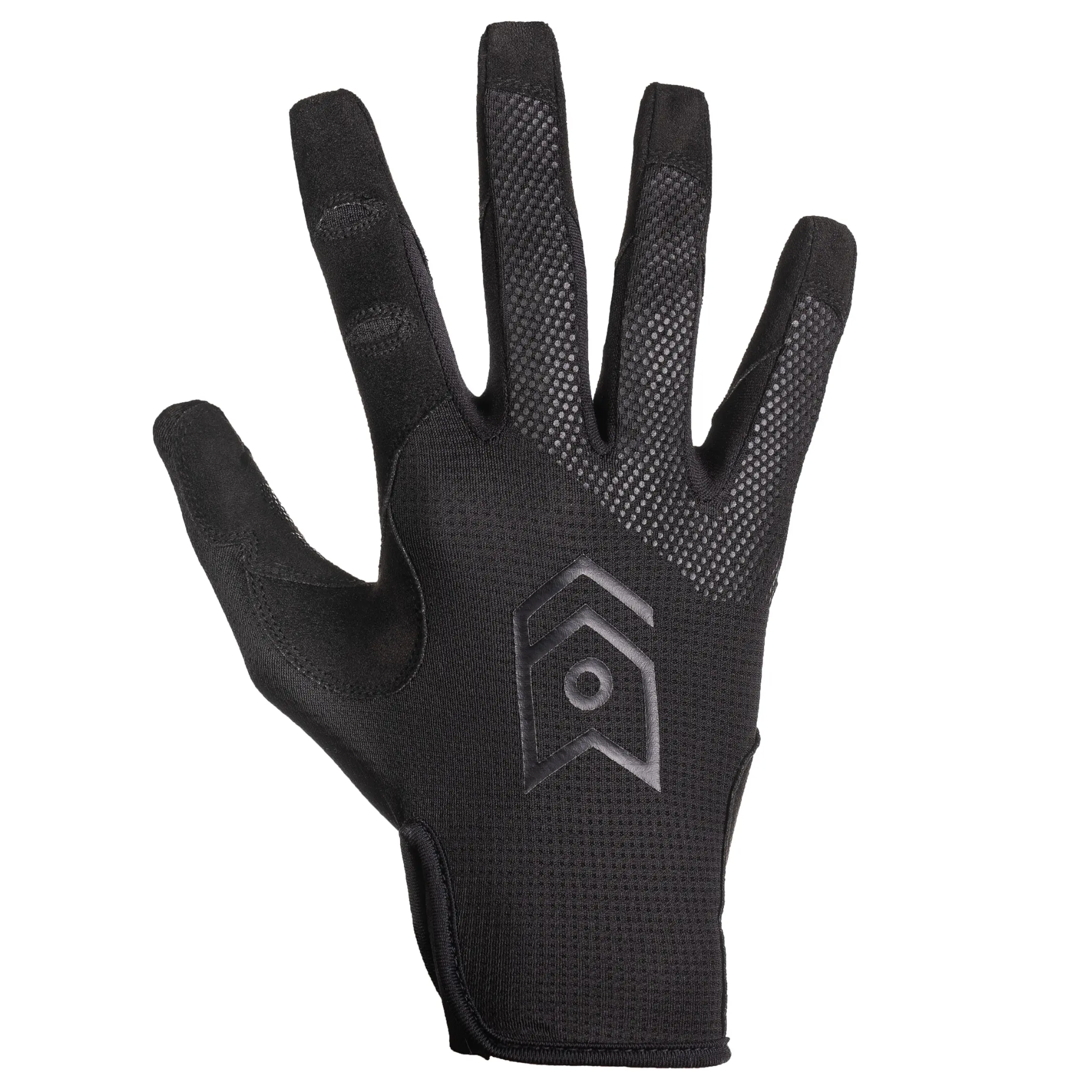 Black glove with a brand logo on a light gray background