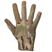 A single tactical glove shown flat against a solid white background, featuring a multi-terrain camouflage pattern in shades of tan, brown, green, and beige.