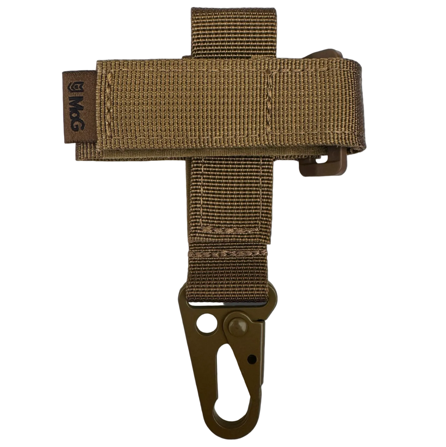 A tan nylon webbing strap with a metal carabiner clip, shown against a dark gray background. A small brown tag on the left side displays the 'MFG' brand logo.