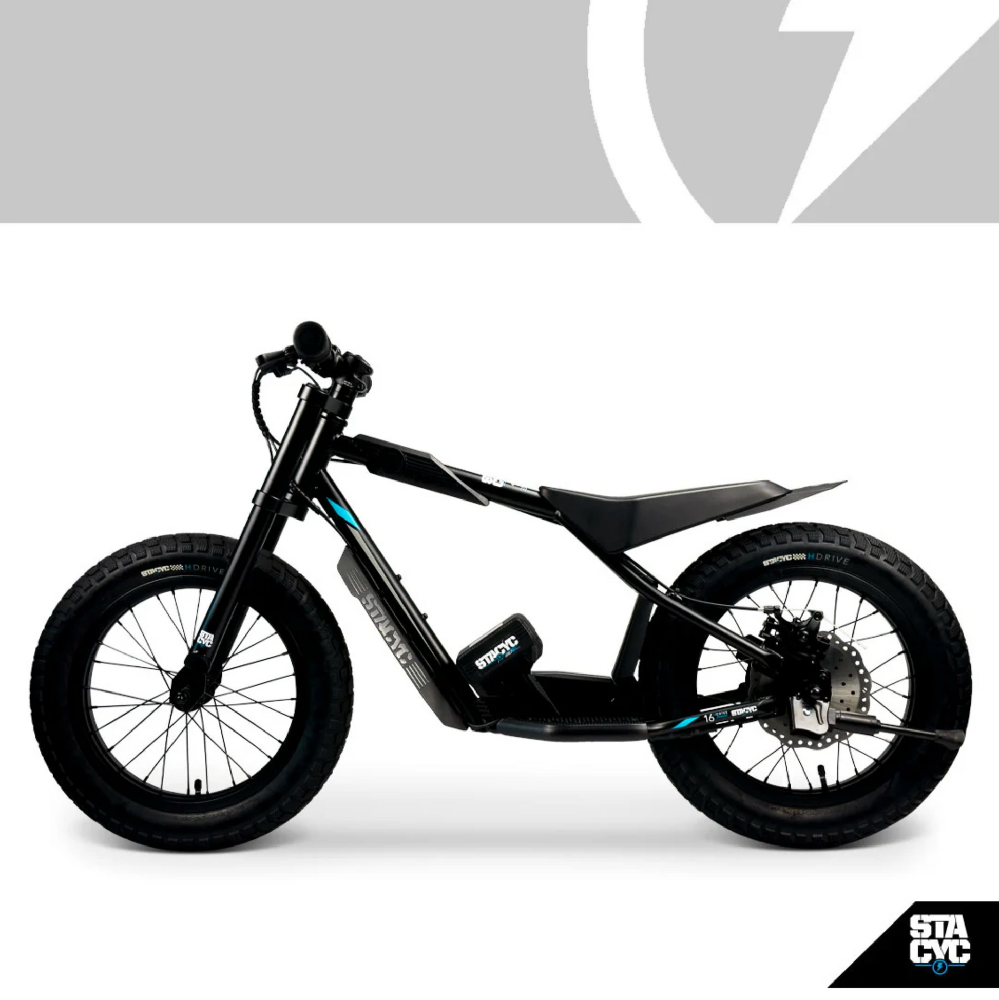 A black electric fat-tire bike with a minimalist frame and rear rack, shown in a side profile on a white background with a gray graphic banner at the top.