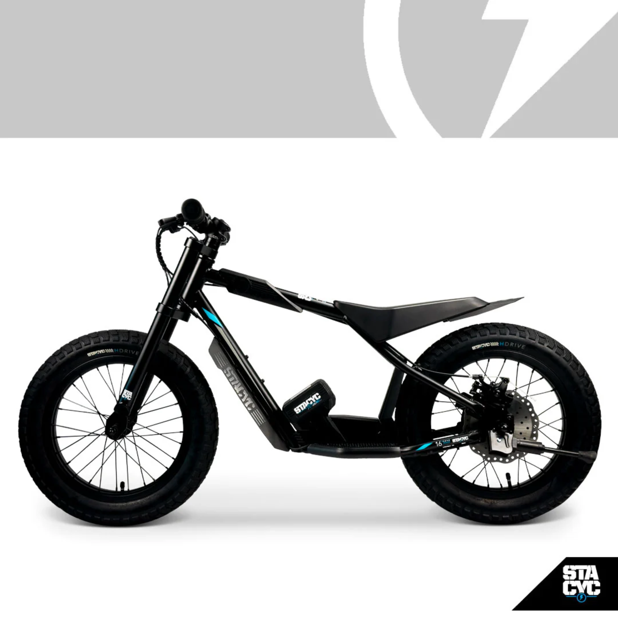 A black electric fat-tire bike with a minimalist frame and rear rack, shown in a side profile on a white background with a gray graphic banner at the top.