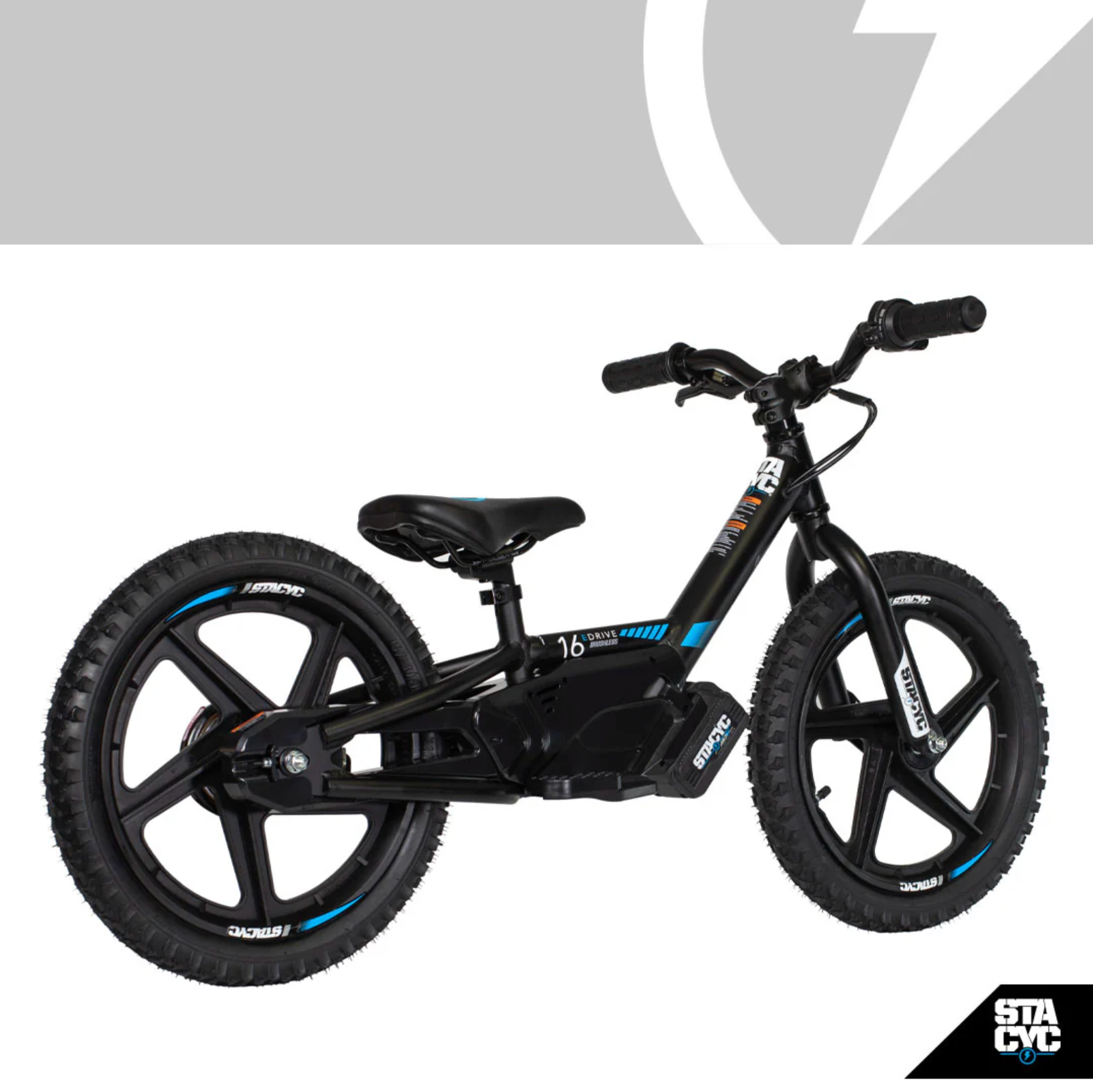 Black balance bike with blue accents on a white background