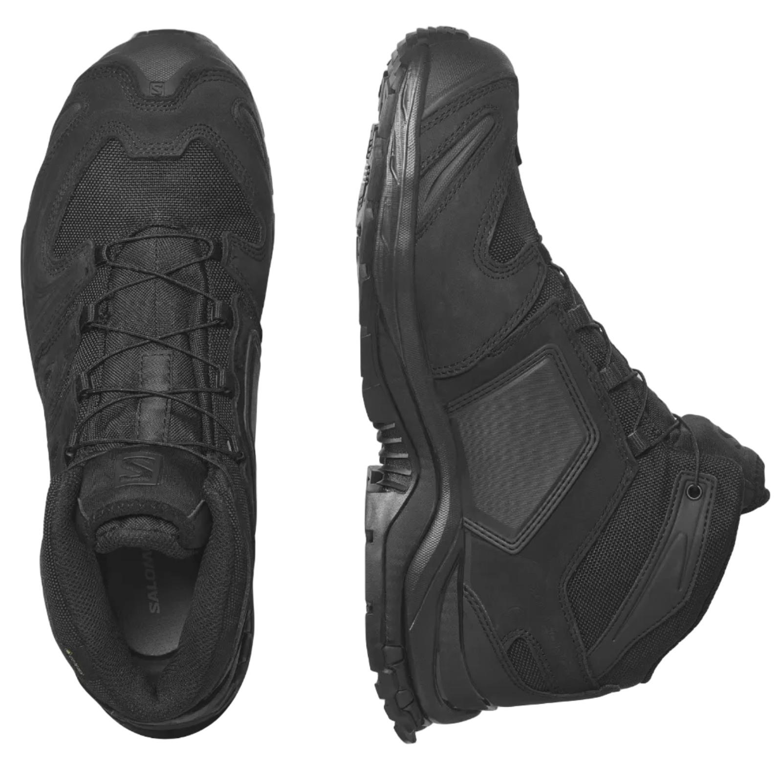 Black tactical boots with high-top design on a white background