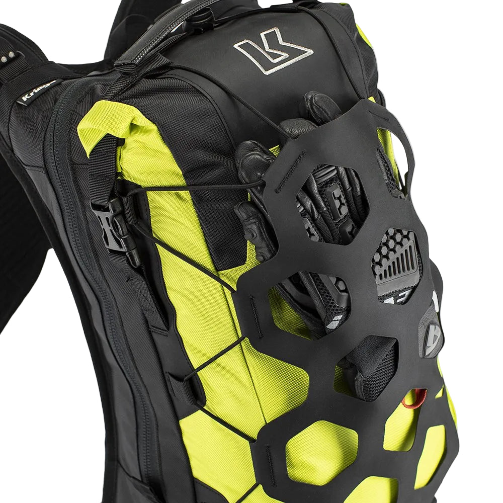 Black and yellow motorcycle back protector with brand logo on a white background